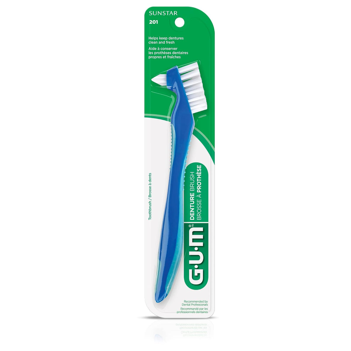 GUM - Cepillo para Prótesis Dentales con Doble Cabezal Con Cerdas Firmes de Nylon y Mango Ergonómico Antideslizante