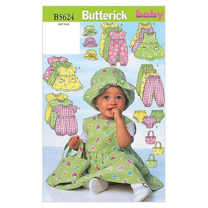 BUTTERICK PATTERNS B5624 Vestido de bebé, Jersey, mamel, Mono, Bragas, Sombrero y Bolso, Talla NB0 (NB-S-M)