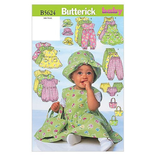 BUTTERICK PATTERNS B5624 Vestido de bebé, Jersey, mamel, Mono, Bragas, Sombrero y Bolso, Talla NB0 (NB-S-M)