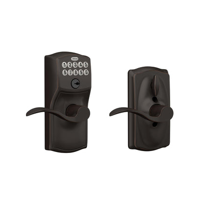 Schlage Camelot Cerradura con Teclado, Palanca Accent - Cerradura flexible - Aged Bronze - empaque estándar
