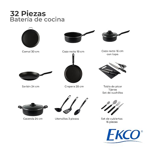 Ekco | Batería de Cocina 32 Piezas de Aluminio Antiadherente Negro | Antiadherente, fácil limpieza, tapas vidrio, utensilios nylon, comida saludable, calor uniforme, libre PFOA, certificado NOM