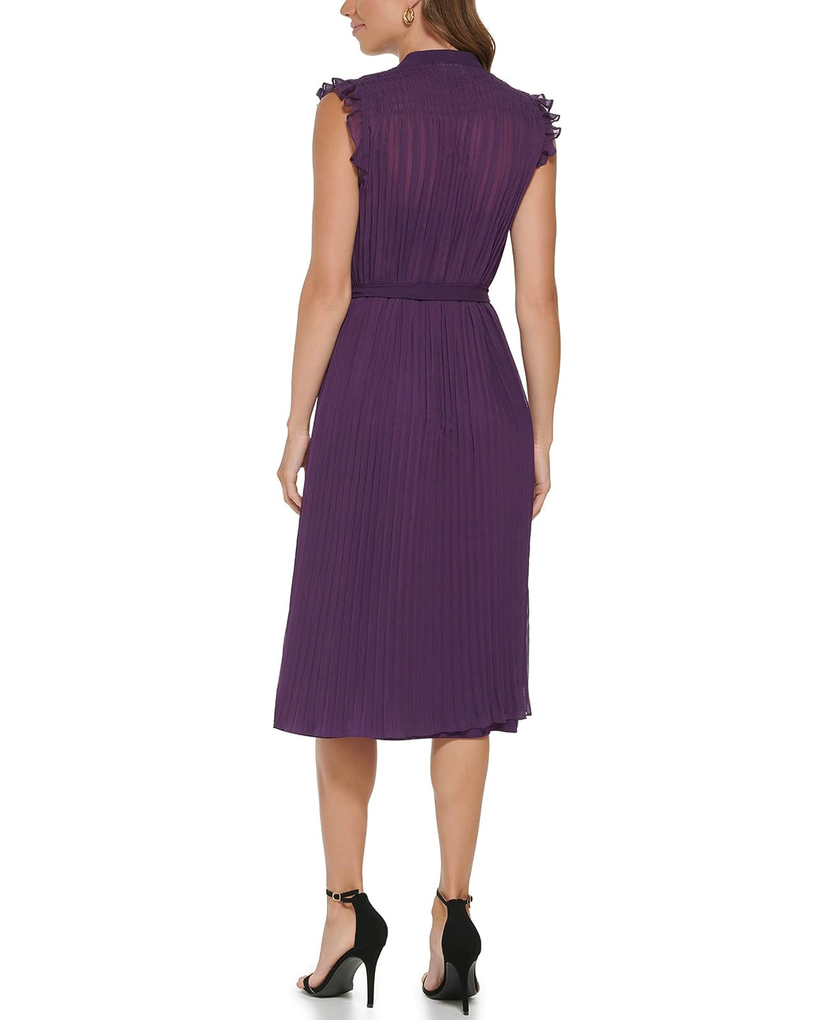 DKNY - Vestido Midi Plisado de Manga Corta para Mujer