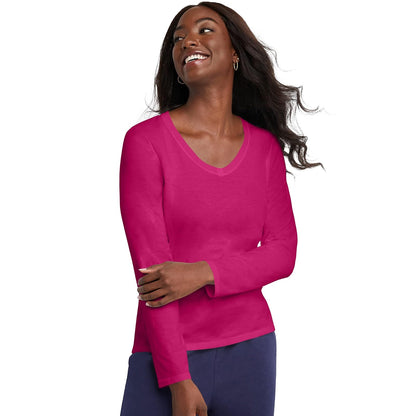 Hanes Playera de Manga Larga Cuello en V para Mujer - Rosa (Sizzling Pink) - M