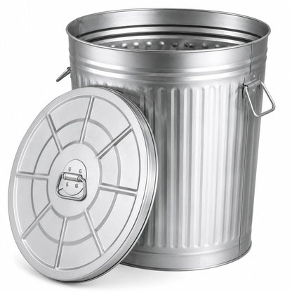 Bote de basura de acero galvanizado redondo de 15 galones con tapa y asas, cubeta de almacenamiento de metal duradero para patio trasero, césped, jardín y patio, uso resistente a la intemperie, para - 15 Gallons