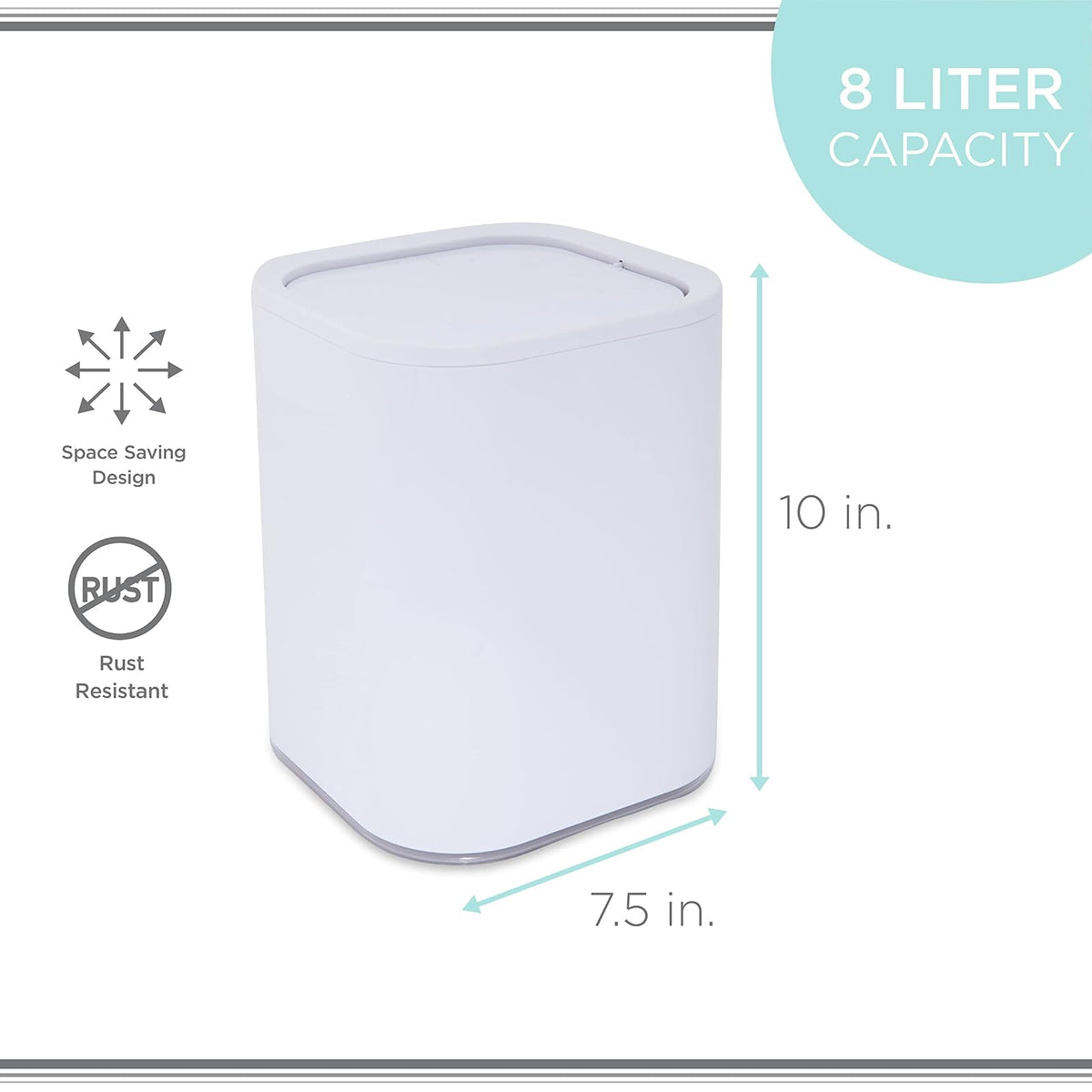 Bath Bliss Papelera acrílica de 8 litros | Tapa superior con peso | Bote de basura pequeño | Contenedor de basura | Diseño contemporáneo | Baño | recámara | Oficina | recámara | Blanco
