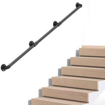 Pasamanos de escalera de tubería industrial, barandilla de metal para montaje en pared para escalones interiores y exteriores, hierro galvanizado negro, estilo clásico de granja, soporte resistente - 8.01FT - Negro -