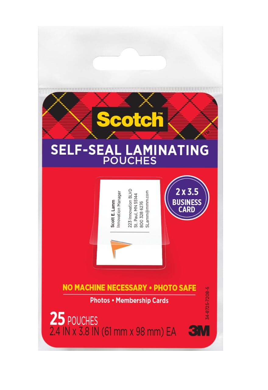 Scotch LS851G Self-Sealing Laminating Pouches, 9.5 mil, 2 7/16 x 3 7/8, Business Card Size (Pack of 25)
