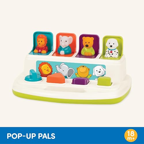 Battat Pop-Up Pals - Juguete Causa-Efecto con Animales | Botones para pulsar, girar, voltear y deslizar; 4 animales desplegables, colores y asa de transporte; 18 meses y +