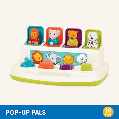 Battat Pop-Up Pals - Juguete Causa-Efecto con Animales | Botones para pulsar, girar, voltear y deslizar; 4 animales desplegables, colores y asa de transporte; 18 meses y +