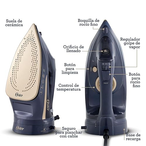 Oster® Plancha de Vapor Inalámbrica 2 en 1, Suela de Cerámica, Apagado Automático, Golpe de Vapor, Anti-Cal, Autolimpieza, Antigoteo, Vapor Vertical, 2200W, Azul, GCSTCC5000