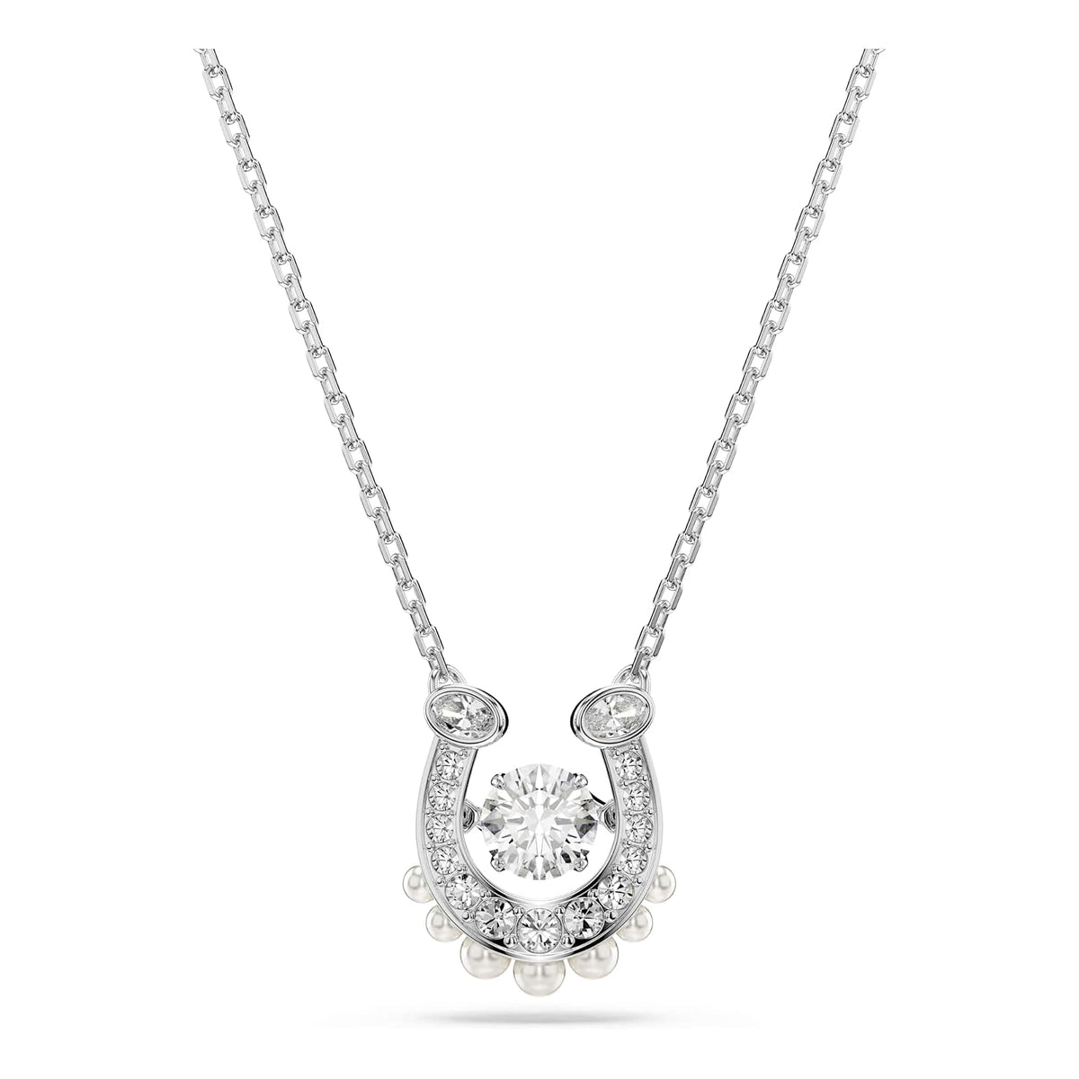 Colgante Swarovski Symbolica, perla de vidrio, corte redondo, pavé, zapato de caballo, blanco, baño de rodio