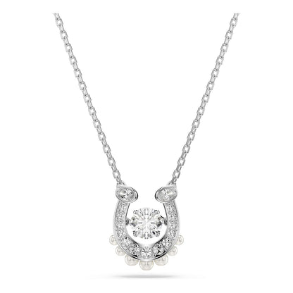Colgante Swarovski Symbolica, perla de vidrio, corte redondo, pavé, zapato de caballo, blanco, baño de rodio
