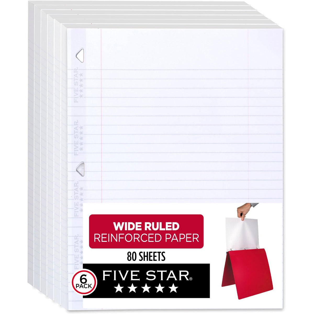 Five Star Papel de hojas sueltas, paquete de 6, papel de cuaderno de papel de relleno de rayas anchas, reforzado, lucha contra el sangrado de tinta, 8 x 10.5, 80 hojas por paquete (150025)