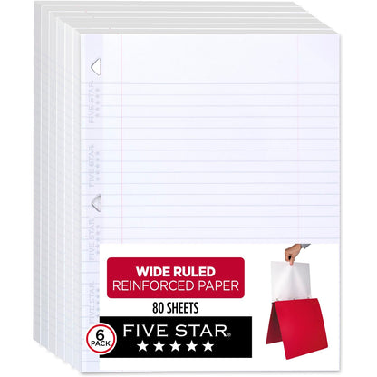 Five Star Papel de hojas sueltas, paquete de 6, papel de cuaderno de papel de relleno de rayas anchas, reforzado, lucha contra el sangrado de tinta, 8 x 10.5, 80 hojas por paquete (150025)