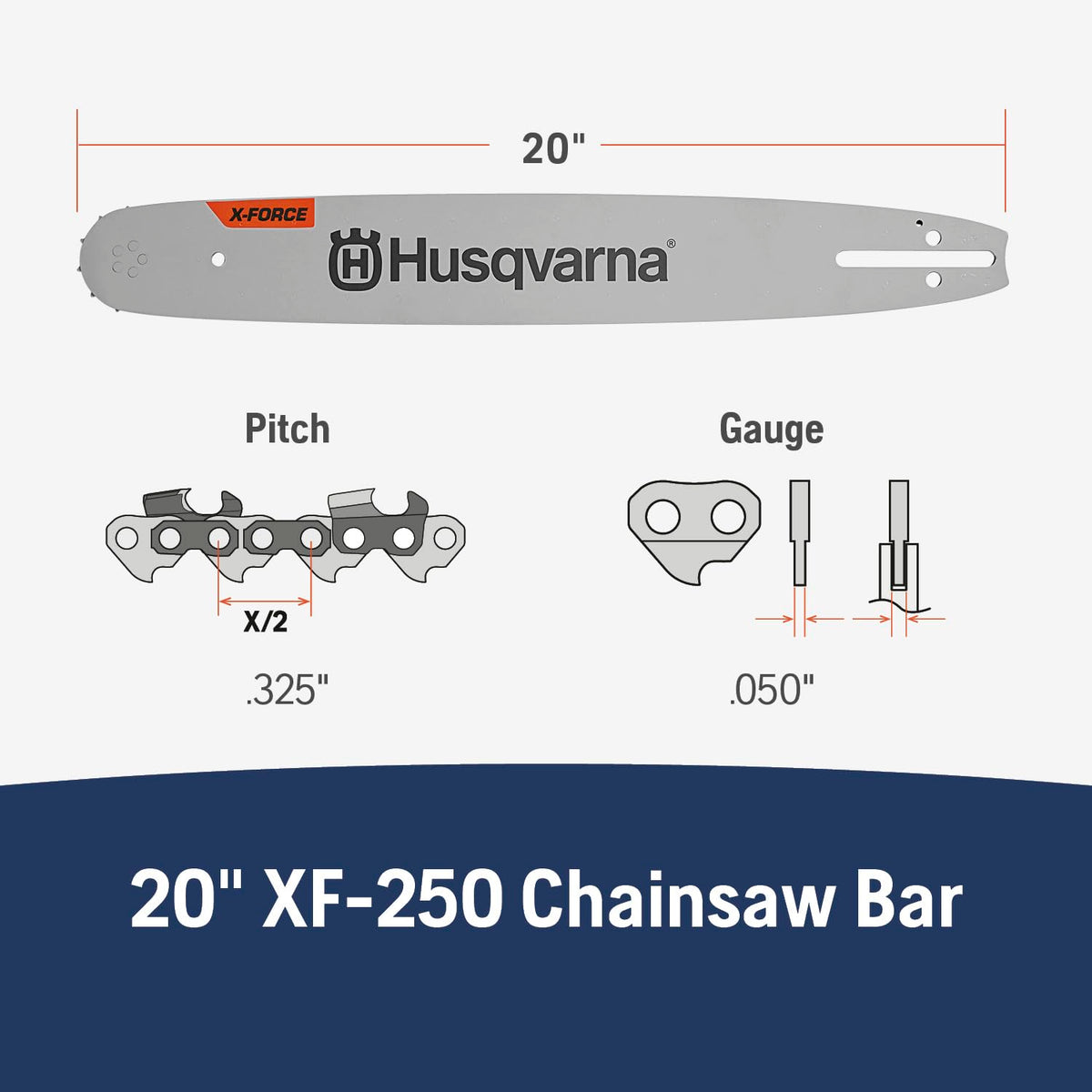 Husqvarna 599303280 X-Force Barra de motosierra de 20 pulgadas, paso de 0.325 pulgadas, calibre .50 pulgadas, 80 eslabones de transmisión, accesorios de motosierra