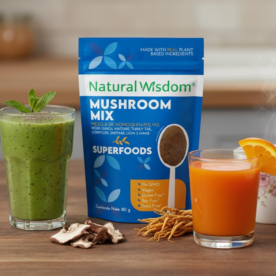 Mushroom Mix en Polvo 80g Concentración Estrés Energía | Con Hongo Melena de Leon hongo Reishi, Cordyceps, Chaga, Maitake, Shiitake y Cola de Pavo | Suplemento Natural Wisdom