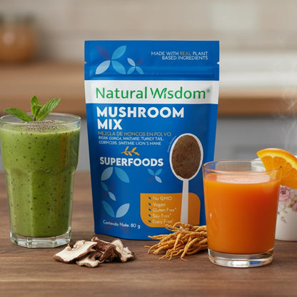 Mushroom Mix en Polvo 80g Concentración Estrés Energía | Con Hongo Melena de Leon hongo Reishi, Cordyceps, Chaga, Maitake, Shiitake y Cola de Pavo | Suplemento Natural Wisdom