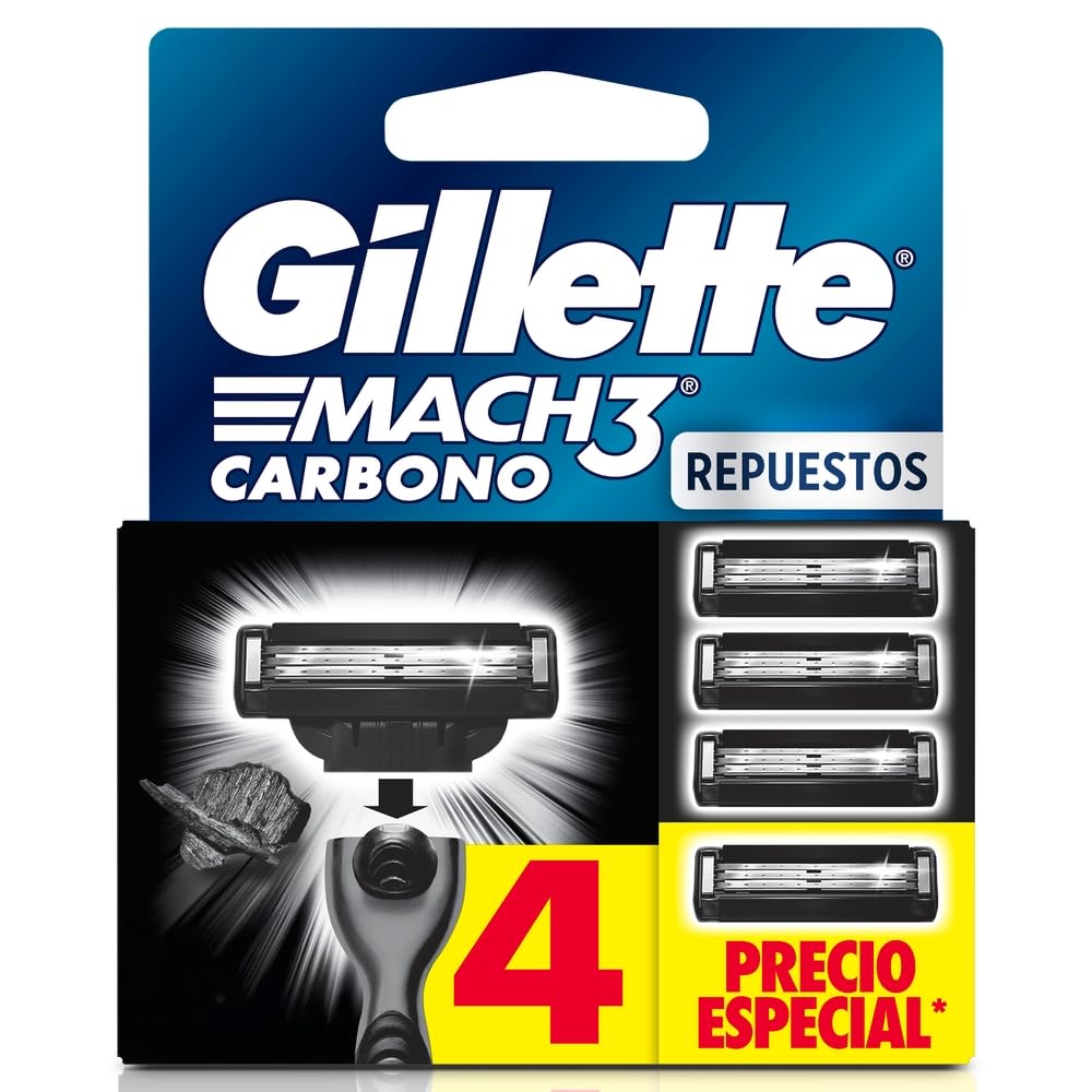 Gillette Mach3 Carbono, Cartucho De Rastrillo Para Afeitar, 4 Repuestos Con Carbón Activado Y 3 Hojas Para Rasurar La Barba, Rastrillo Para Hombre Caja