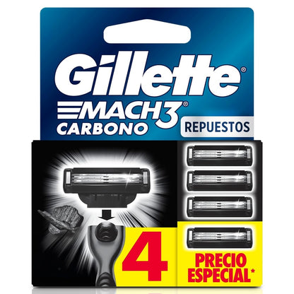Gillette Mach3 Carbono, Cartucho De Rastrillo Para Afeitar, 4 Repuestos Con Carbón Activado Y 3 Hojas Para Rasurar La Barba, Rastrillo Para Hombre Caja