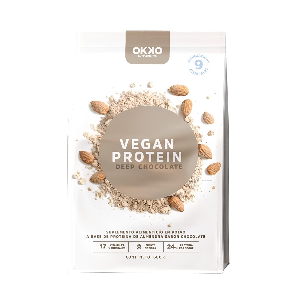 OKKO Proteína Vegana Deep Chocolate 680 g, con 17 Vitaminas y Minerales, 6 g de Fibra y 9 Aminoácidos Esenciales, Fórmula 100% Natural, para Batidos, Smoothies y Alimentación Diaria
