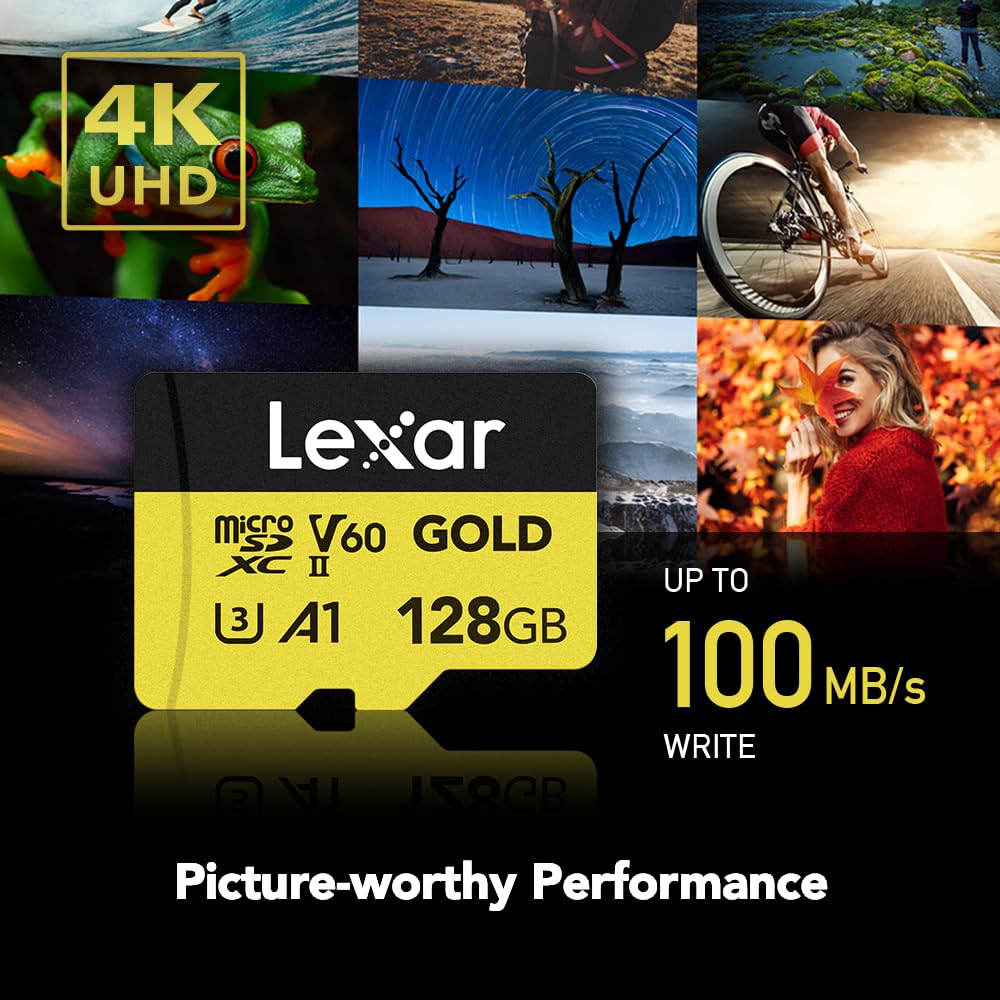 Tarjeta Lexar Profesional Oro microSDXC 128GB, UHS-II, C10, U3, V60, Full-HD & 4K Video, hasta 280MB/s de Lectura, para videógrafos Profesionales, Jugadores