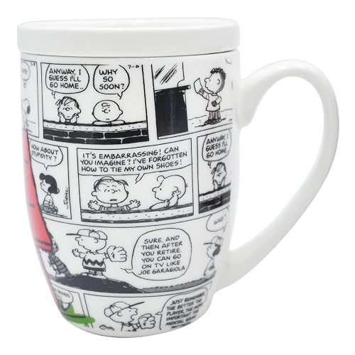 Fun Kids 1754-35 Taza para Café de Porcelana con Tapa Protectora, Diseño Snoopy Peanuts, Tarro para Bebidas Calientes Colección Snoopy Tira Cómica, 354 mililitros con Caja de Regalo