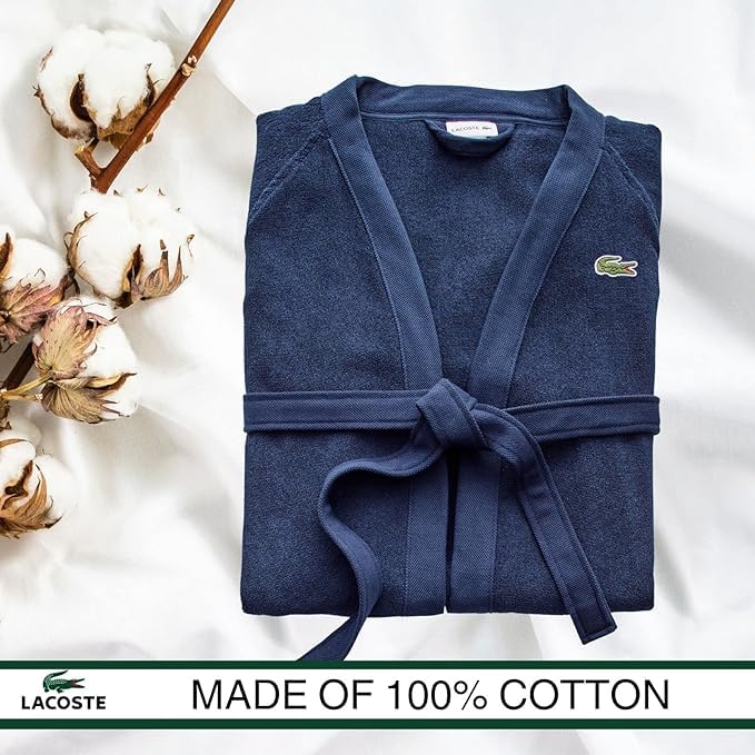 Lacoste Bata de baño clásica de piqué 100% algodón, 41.5 pulgadas de largo, iris negro