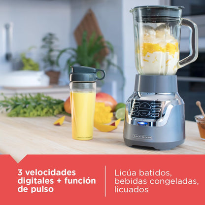 Black+Decker Licuadora con Filtro Infusor de Jugos 3 en 1, 3 Funciones Automáticas, Jarra de Vidrio 1.5L, 900 Watts, Incluye Vaso Personal de Tritán, BL1350G