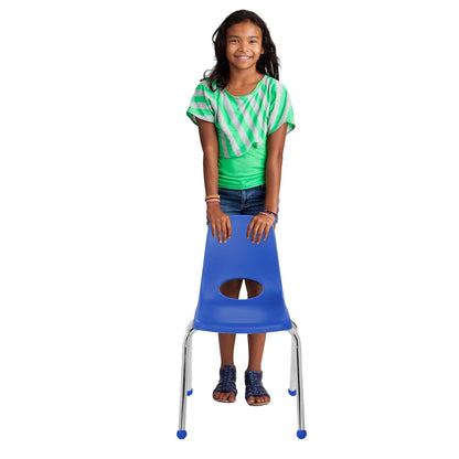 FDP 10382-BL - Silla de escuela apilable de 16 pulgadas, asiento de estudiante con patas de acero chapado en cromo y deslizamientos de bola; para aprendizaje en casa o aula, color azul (paquete de 4