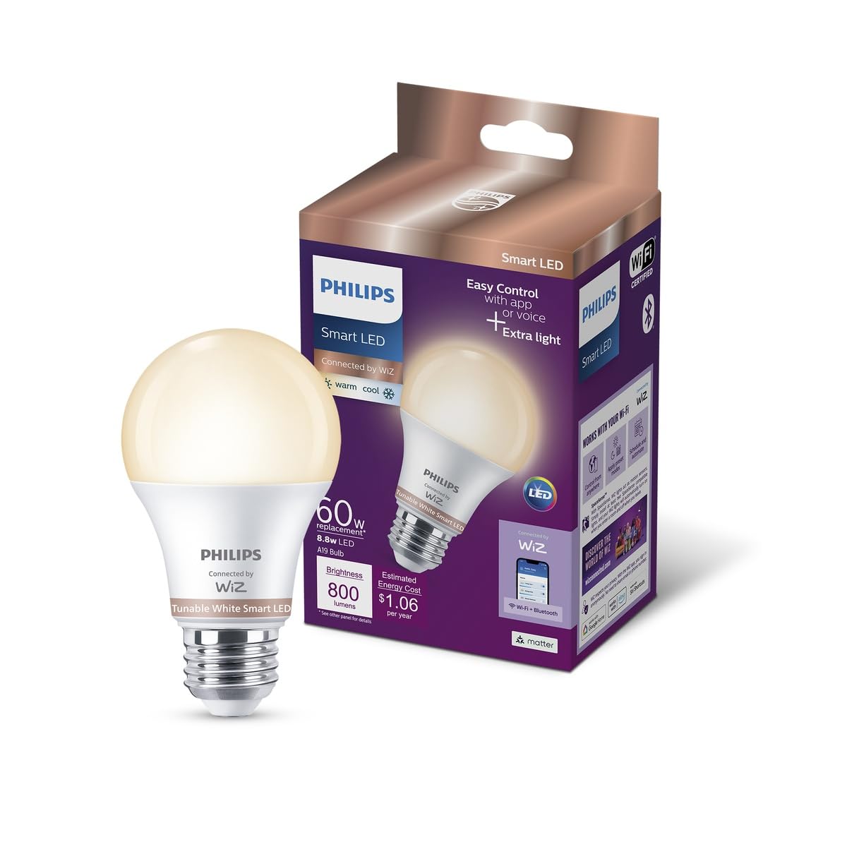 Philips Smart Connected by WiZ Foco A19 Dimeable Luz Cálida a Fría 8.8 W | LED regulable, Luz omnidireccional, Alternativa inteligente