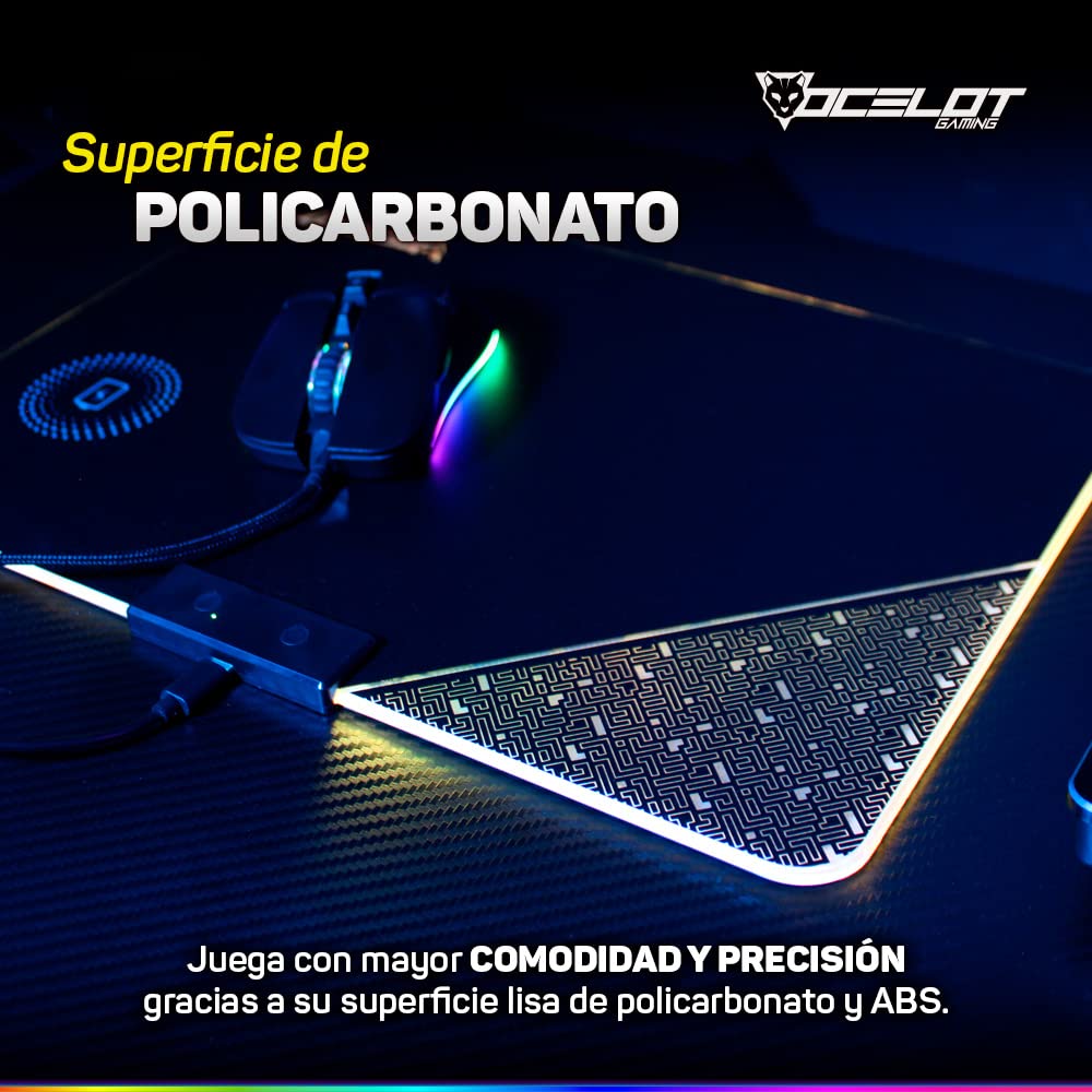 Mouse Pad Rigido Ocelot Gaming OMPR01. Iluminación RGB con Software Integrado, Conexión USB para alimentación, Sistema de Carga inalambrica para Smartphones.
