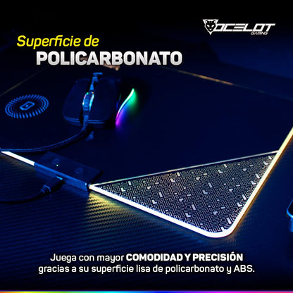 Mouse Pad Rigido Ocelot Gaming OMPR01. Iluminación RGB con Software Integrado, Conexión USB para alimentación, Sistema de Carga inalambrica para Smartphones.
