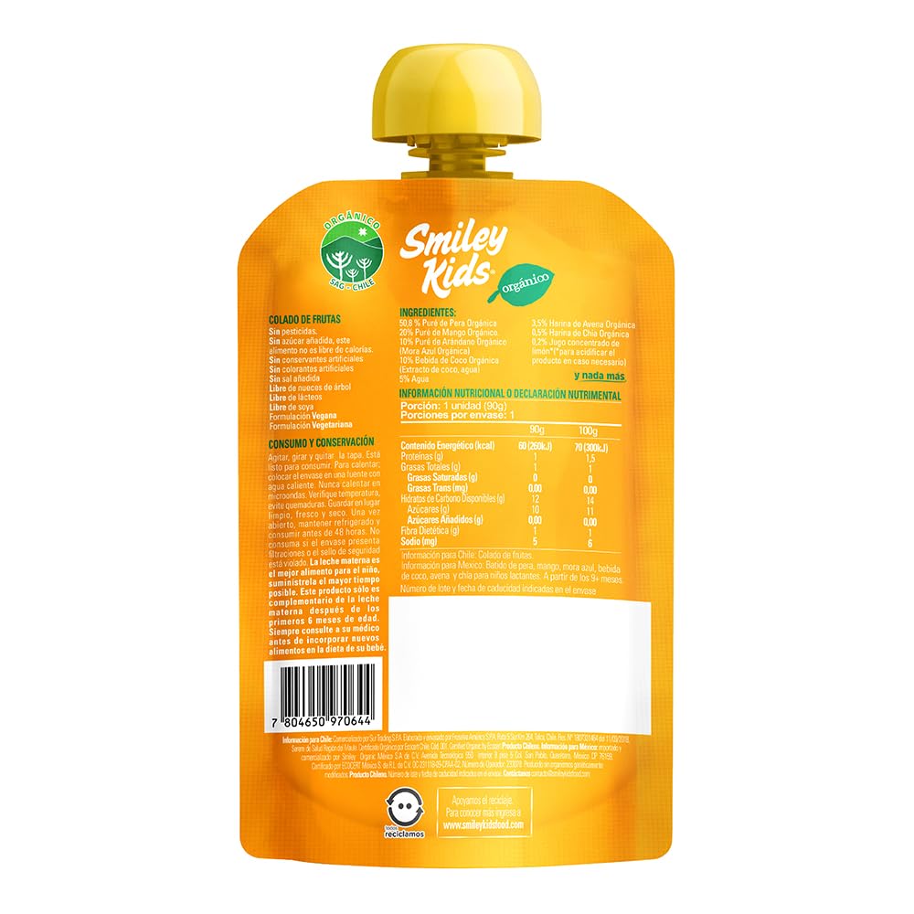 Smiley Kids Caja/18 Papillas Organica Mix Smoothie yogurt + Smoothie coco + Papilla pera-plátano