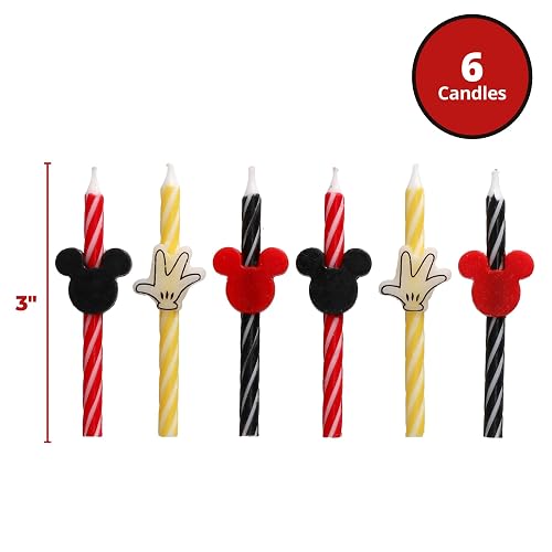Disney Mickey Mouse - Velas de cumpleaños para tartas, 6 velas de cumpleaños para decoración de pasteles, velas de rayas rojas, amarillas y negras para fiestas de Mickey Mouse