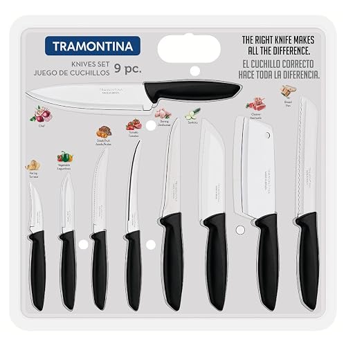TRAMONTINA - Juego de Cuchillos de Cocina Plenus en Acero Inoxidable, 9 Piezas - Negro