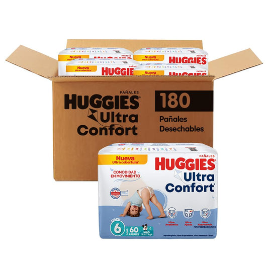 Huggies UltraConfort Pañal Desechable para Bebé, Etapa 6, Niño, Caja con 180 Piezas