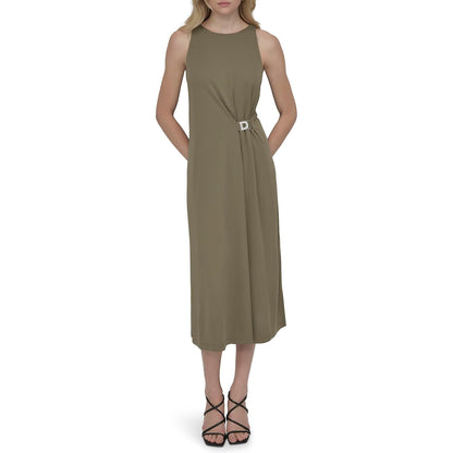 DKNY - Vestido Midi elástico sin Mangas con Cuello Joya para Mujer