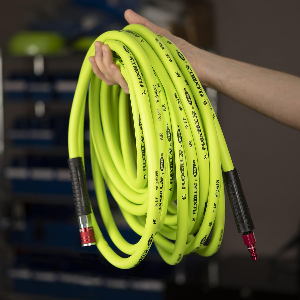 Flexzilla Air Hose with ColorConnex Industrial Type D Coupler and Plug, 3/8 in. x 25 ft, Heavy Duty, Lightweight, Hybrid, ZillaGreen - HFZ3825YW2-D