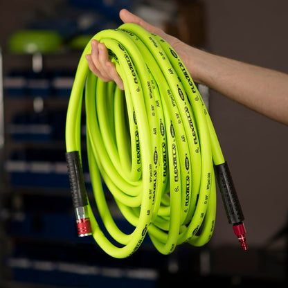 Flexzilla Air Hose with ColorConnex Industrial Type D Coupler and Plug, 3/8 in. x 25 ft, Heavy Duty, Lightweight, Hybrid, ZillaGreen - HFZ3825YW2-D