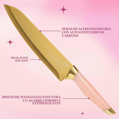 Paris Hilton Juego de bloques de cuchillos con bloque de cuchillos de madera magnético, cuchillas de acero inoxidable de alto carbono con revestimiento de titanio, asas de agarre elegantes y cómodas,