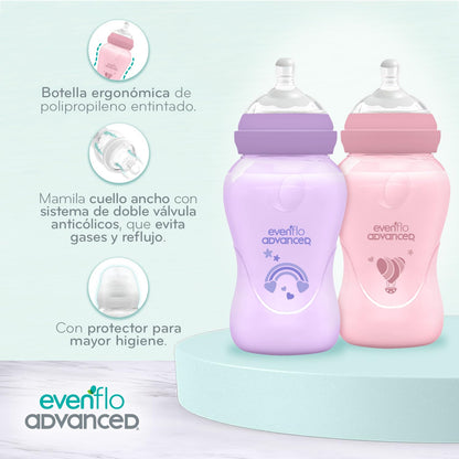 Evenflo Advanced Biberones Anticólicos Cuello Ancho, Rosa y Lila, Flujo Medio, 270ml, Silicón Libre de BPA, Sistema Doble Válvula, 2 Piezas