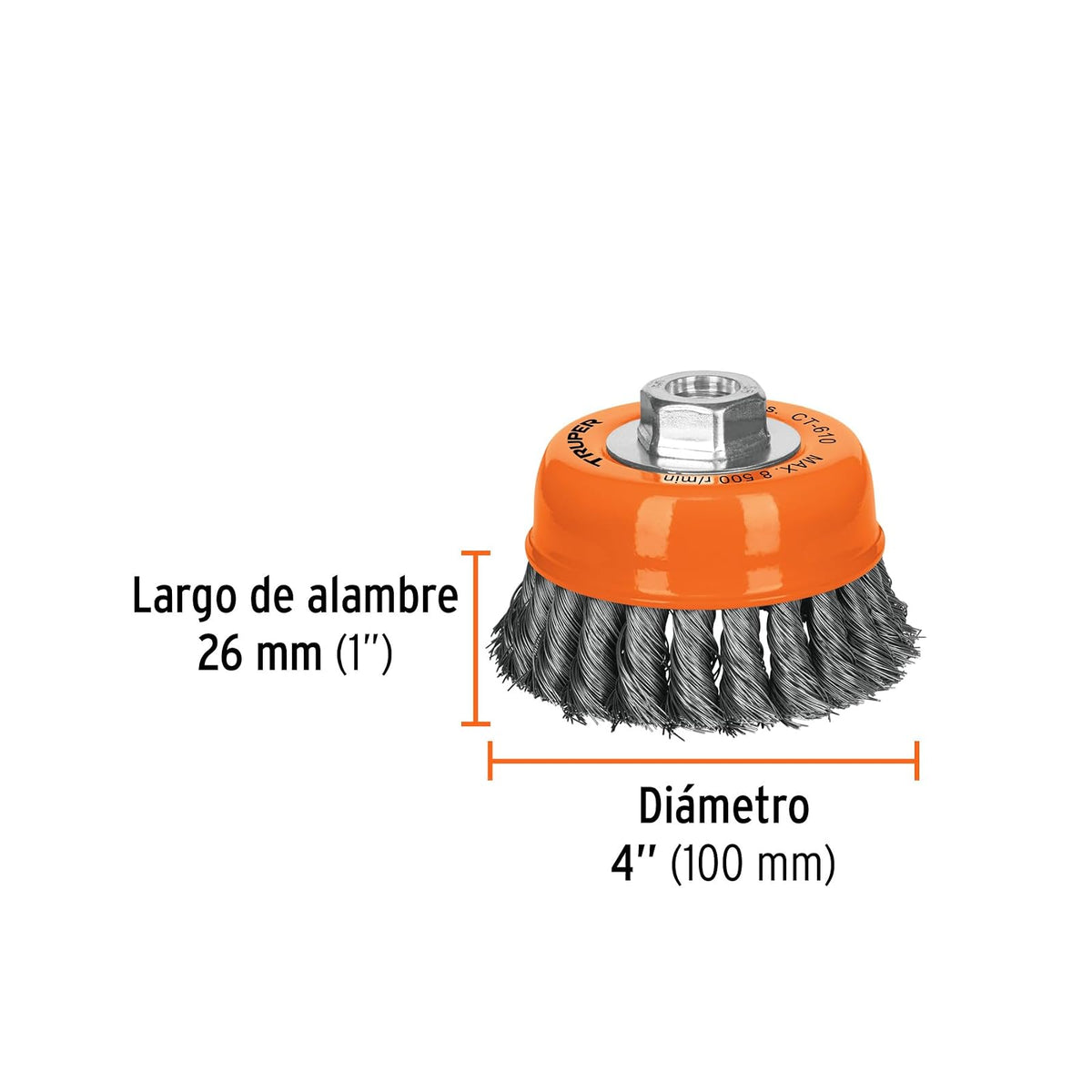 Truper CT-610, Carda para esmeriladora angular, de copa, alambre trenzado fino, calibre 0.35 mm, 4" 5/8-11
