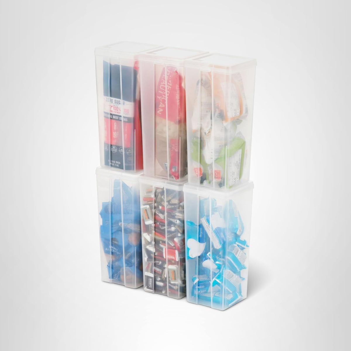 IRIS USA Contenedores con Tapa Abatible Grandes, 6 Piezas, Claros | Contenedores verticales con tapas removibles para organizar oficina, despensa, manualidades y útiles escolares