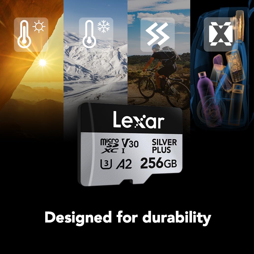 Lexar Tarjeta Micro SD Profesional Silver Plus de 256 GB, UHS-I, C10, U3, V30, Full HD y 4K, Tarjeta de Memoria microSDXC de hasta 205/150 MB/s, para videógrafos, Jugadores (LMSSIPL256G-B2ANU)