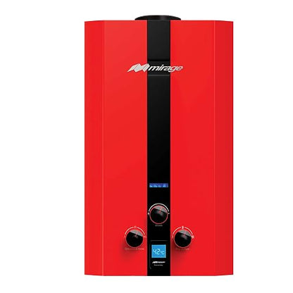 Mirage Calentador Agua MBF06ZB | Rojo, 6 L/min, gas LP, sensor sobrecalentamiento, pantalla LED