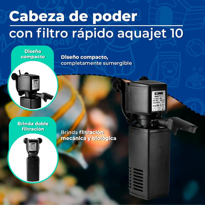 Lomas Cabeza de Poder con Filtro Rápido Aqua Jet 10 - Filtro Interno Sumergible para Acuarios de Agua Dulce o Salada, 480 L/h, 10W, Ideal para Tanques de 80 a 160 litros