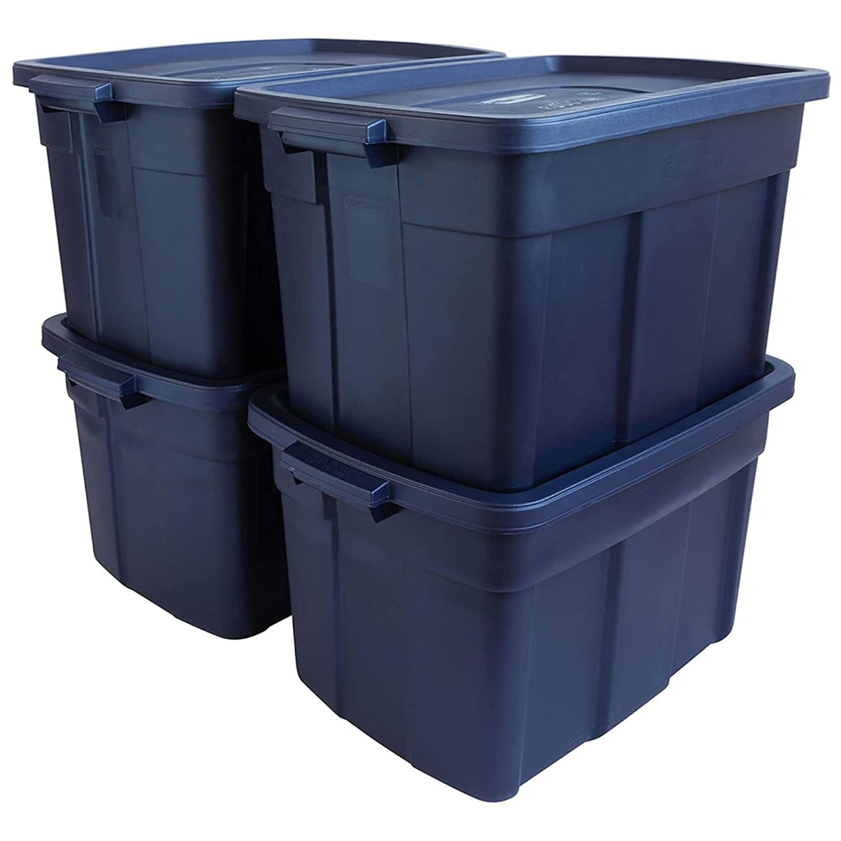 Rubbermaid Roughneck - Bolsa de 25 galones, Paquete de 4, Fabricado en Estados Unidos, Metal índigo Oscuro, contenedores apilables de plástico Resistente con Tapas y Asas - 25 Gal - 4 Pack