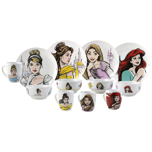 FunKids 2415-3570 Vajilla Familiar Porcelana, Colección Princesas Disney, Diseño Cenicienta, Bella, Rapunzel y Ariel, Vajilla 12 piezas, para 4 personas, Multicolor
