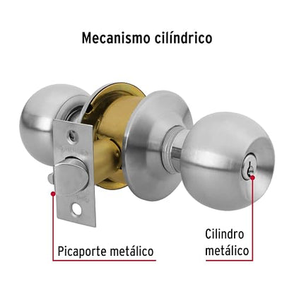 Hermex Basic BAL-CM-RP, Cerradura de pomo tipo esfera para recámara, mecanismo cilíndrico, cromo mate