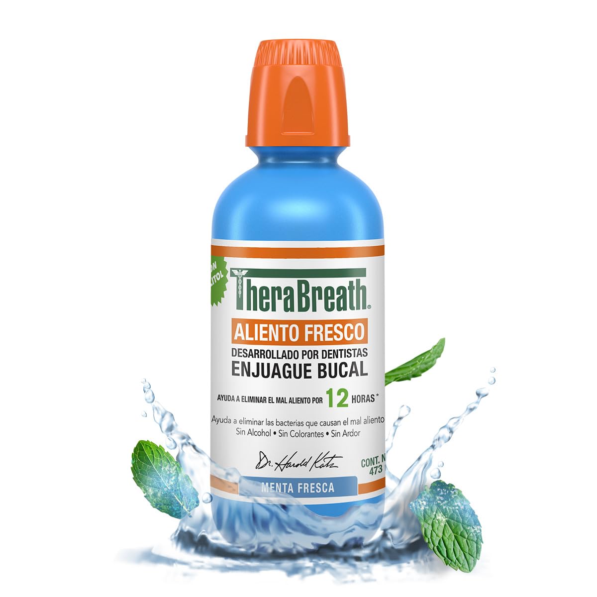 TheraBreath Enjuague Bucal - Sabor Menta Fresca, 473 ml, Combate El Mal Aliento Hasta Por 12 Horas, Sin Alcohol, Sin Ardor y Sin Colorantes Artificiales, Creado Por Dentistas.